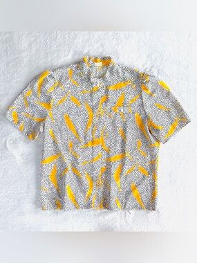 Vintage St. Michael Button-Up Short Sleeve Blouse, White Black Dots & Gold
